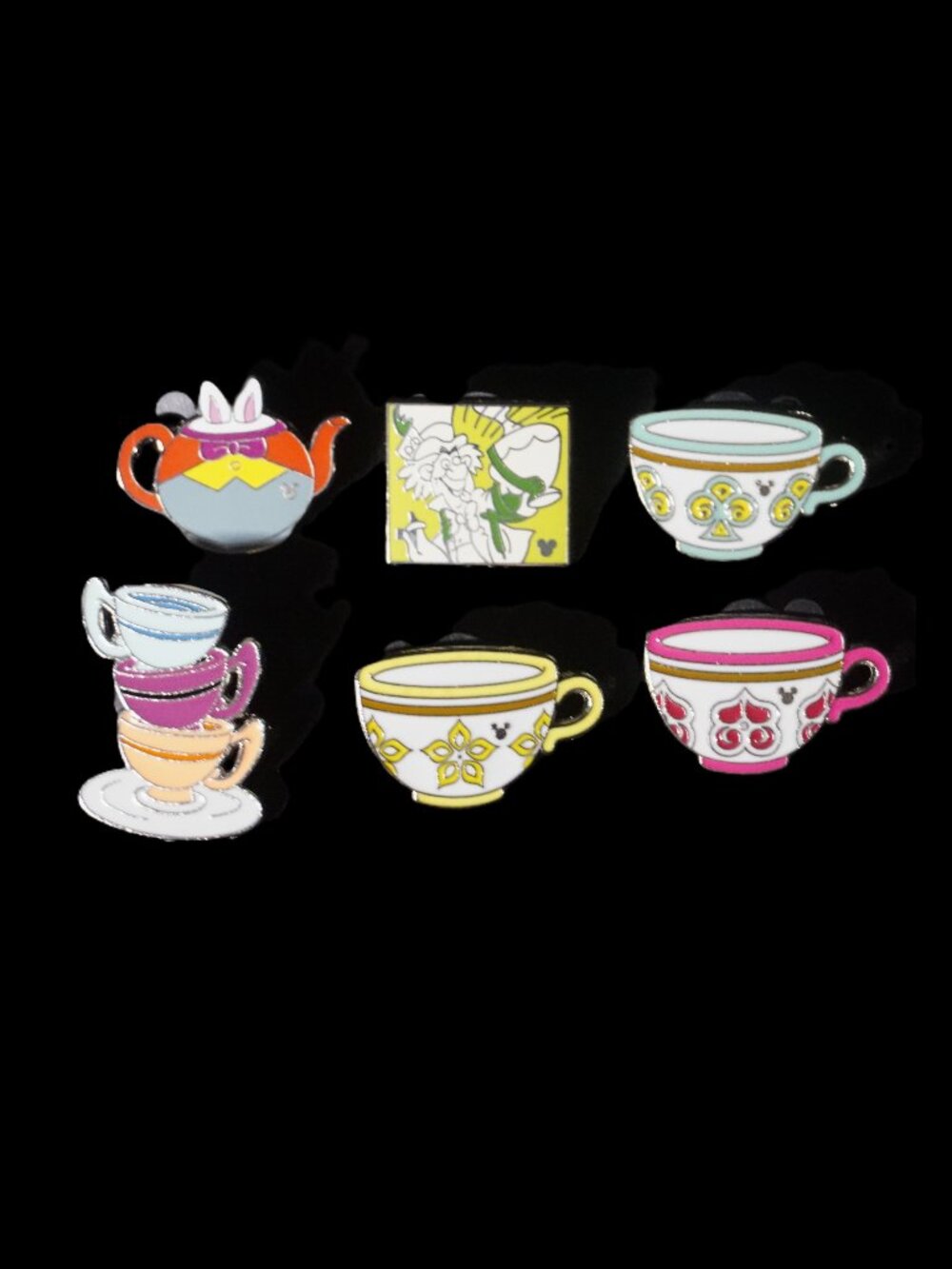 Disney Pin Trading 6 Pin Lot with Lanyard Featuring Tea Party (054)